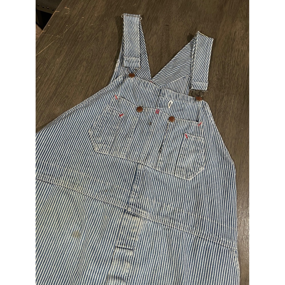 Round House Railroad Blue Hickory Stripe Denim Bib Overalls Workwear Vintage